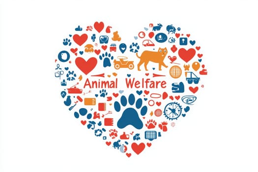 A heart-shaped arrangement features diverse icons representing animal welfare, including pets, hearts, and tools. The vibrant design highlights the importance of caring for animals.