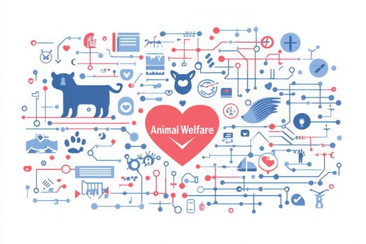 A creative illustration showcases various icons related to animal welfare, featuring a dog and heart symbol. The design highlights themes of care, technology, and advocacy for pets and wildlife.