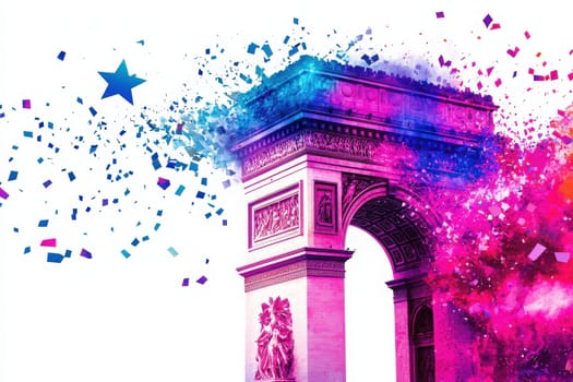 Bright colors burst around the historic Arc de Triomphe in Paris, illuminating the area as confetti and stars fill the air during a festive occasion, creating a vibrant atmosphere.