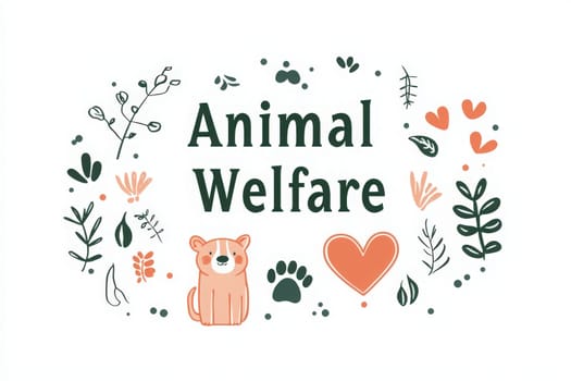 A colorful and cheerful design emphasizes the importance of animal welfare, featuring a playful dog, plants, and hearts. This artistic representation encourages compassion towards animals.