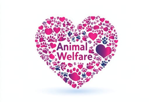 A vibrant heart design made up of various colored paw prints and hearts conveys a strong message about animal welfare and the importance of caring for animals.