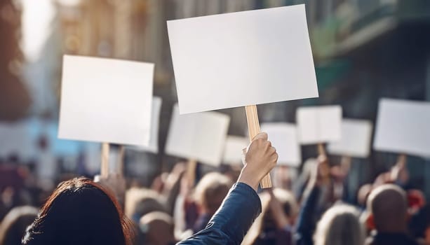 Woman hand holding a blank banner in the crowd during a protest parade on the city streets. Protesters demonstration with pancarts. Multiple activists demand their rights