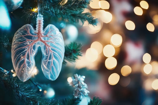 A detailed lung shaped ornament hangs from a Christmas tree surrounded by warm lights and decorations that create a cozy holiday atmosphere.