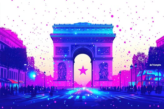 A stunning view of the Arc de Triomphe at sunset, featuring vibrant colors and artistic splashes. The scene captures the essence of Paris with trees and buildings framing the iconic monument.