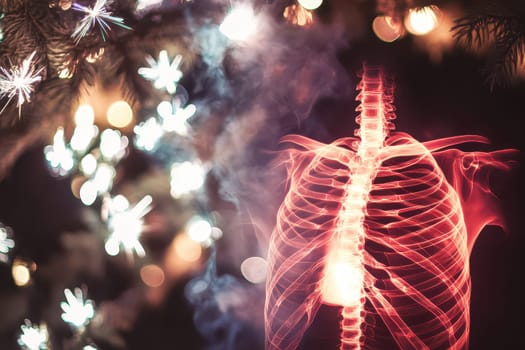A glowing representation of human lungs and spine contrasts with colorful holiday lights highlighting the blend of science and celebration.