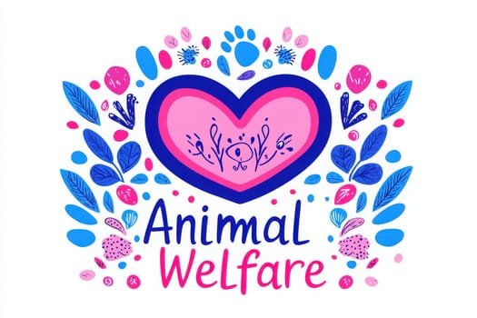 A vibrant heart design intertwined with various plants and animal motifs emphasizes the importance of animal welfare.