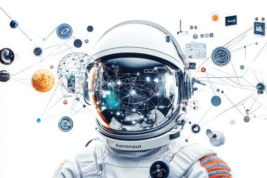 An astronaut stands in a high-tech environment, surrounded by digital networks and celestial bodies. The setting merges space exploration and advanced technology, showcasing innovation.