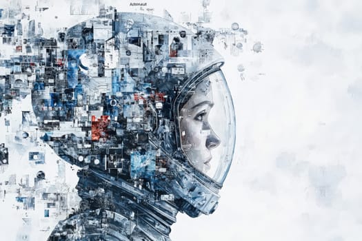 A detailed depiction of an astronauts profile is surrounded by an array of abstract digital elements and technology imagery.
