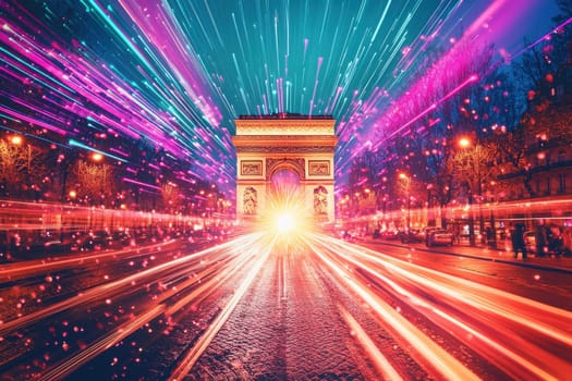 Colorful light trails burst from the Arc de Triomphe in Paris, creating a vibrant display at night. The bustling atmosphere features illuminated streets and lively surroundings.