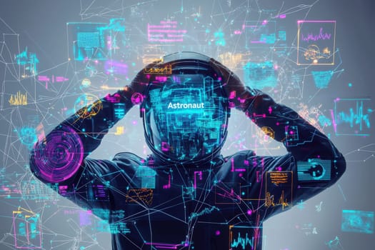 An astronaut in a spacesuit stands with hands on the helmet, immersed in a vivid display of holographic data and charts.