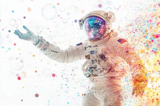 An astronaut in a space suit extends a hand amidst a swirl of colorful bubbles and geometric shapes, creating an imaginative representation of space exploration and creativity.