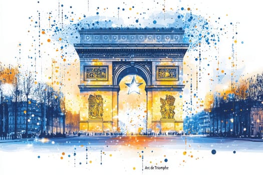 A vibrant artwork showcases the Arc de Triomphe, with glowing details under a twilight sky. The structure is framed by colorful splashes, emphasizing its majestic presence in the heart of Paris.