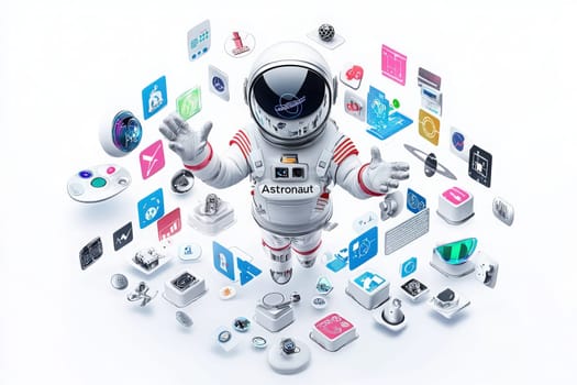 An astronaut appears suspended in space, surrounded by various digital icons and symbols representing technology and innovation.