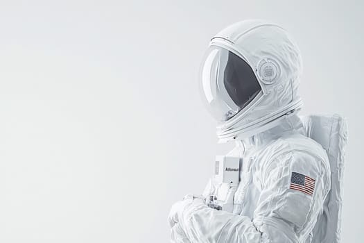 An astronaut dressed in a white space suit stands silently with a focused demeanor. The setting features a plain background, highlighting the suits design and the American flag emblem.