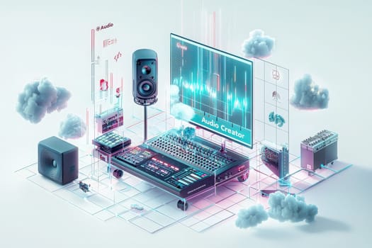 A contemporary audio production workspace showcases a mixing console, speakers, and a computer monitor displaying sound waveforms. Creative clouds and digital elements enhance the atmosphere.