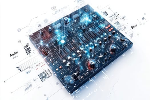 A digital audio mixer is displayed with glowing effects and futuristic graphics, highlighting its controls and connections in a modern tech setting.