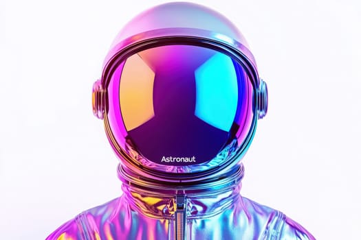 An astronaut helmet shines with a blend of colors, featuring a large reflective visor. The design conveys a futuristic theme, emphasizing the beauty and innovation of space exploration.