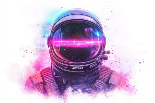 A detailed astronaut helmet features a cosmic background illuminated by bright pink light. The colorful display enhances the sense of space exploration and adventure.