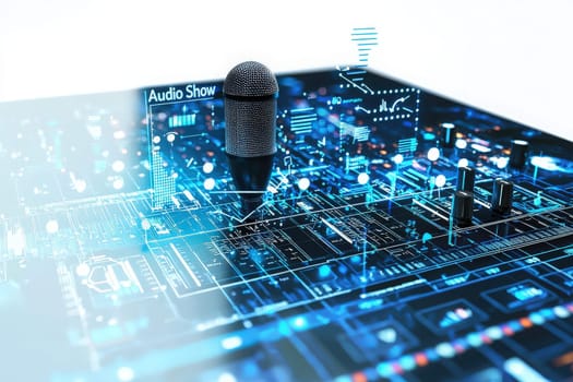 A digital representation shows a microphone amidst circuit patterns and data streams, illustrating the fusion of audio technology and data analytics in a modern audio show setting.