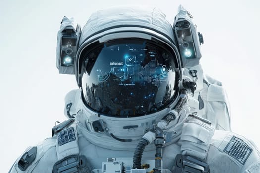 An astronaut stands facing forward, showcasing a detailed space suit. The helmet features a futuristic display with digital data and a reflection of the cosmos.