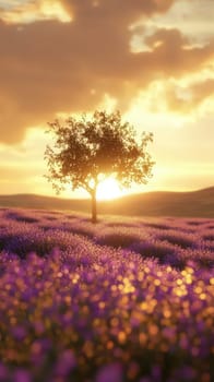 A solitary tree stands in the center of a vibrant lavender field, illuminated by a warm sunset. Golden light filters through the branches, creating a tranquil atmosphere.
