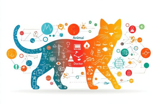 A vibrant illustration features a cat silhouette filled with various icons representing medicine and science. The background includes symbols reflecting veterinary care, research, and health.