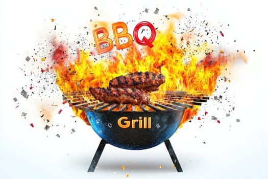 A vibrant barbecue grill is bursting with flames while succulent meat sizzles above. The scene conveys a lively outdoor cooking atmosphere, perfect for summer gatherings.