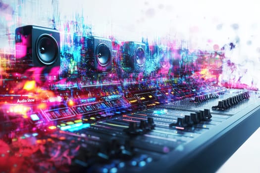A dynamic mixing console features numerous buttons and sliders, surrounded by vibrant colors and visual effects, creating an energetic atmosphere in a music studio.