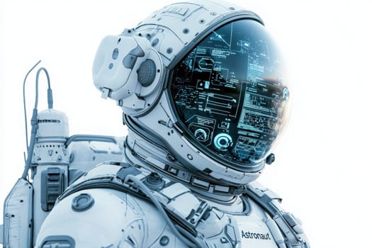 A figure in a futuristic spacesuit stands in a white, featureless environment. The helmet displays glowing data and digital information, showcasing technology and exploration.