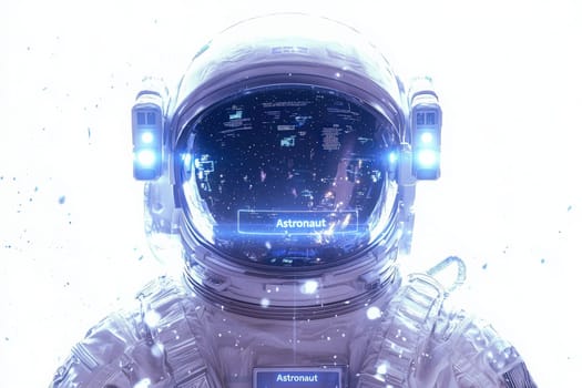 An astronaut is depicted in a high-tech space setting, wearing a helmet that displays digital information and data.
