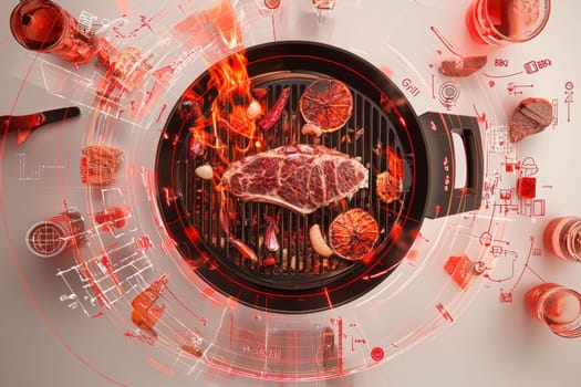 A mouthwatering steak sizzles on a grill surrounded by bright flames, with various vegetables and fruits enhancing the dish. The modern kitchen setting adds a stylish touch.