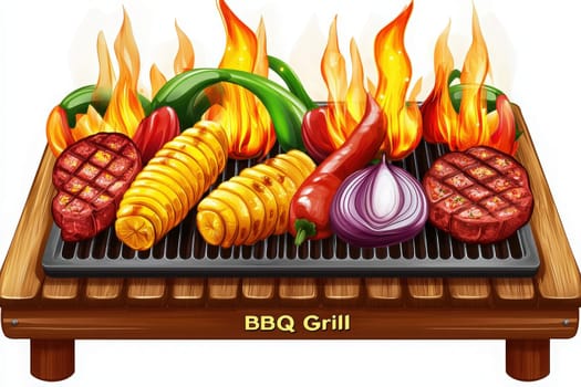A barbecue grill is filled with a variety of meats and colorful vegetables, all cooking over bright flames. The scene captures the excitement of outdoor grilling on a warm evening.