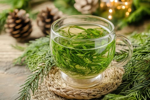 Fresh herbal tea brews in a clear cup surrounded by pine cones and evergreen foliage creating a cozy winter atmosphere.