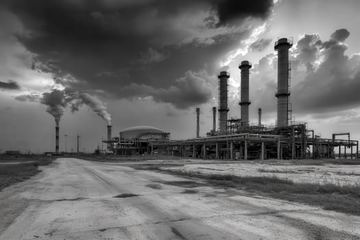 An industrial facility with multiple tall smokestacks emits smoke into the atmosphere. The landscape features a dirt road, with dark storm clouds looming overhead, creating a dramatic atmosphere.