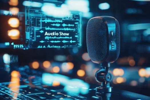 A sleek audio studio showcases a professional microphone mounted on a stand, accompanied by a vibrant digital display featuring audio waveforms and show title in a futuristic setting.