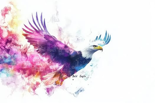 A bald eagle takes flight against a dazzling abstract backdrop of colors. The artwork captures the majesty of this bird, blending shades that evoke a sense of freedom and power.
