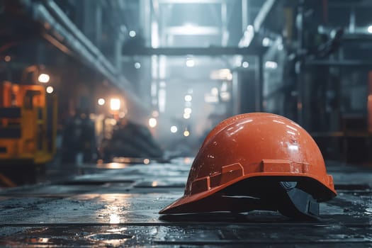 An orange hard hat lies on a wet surface, surrounded by an industrial environment featuring machinery and soft lighting. The atmosphere suggests a working area potentially after a shift.