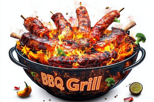 A BBQ grill filled with various meats is engulfed in flames and smoke, showcasing a vibrant cooking atmosphere with spices scattered around, perfect for a summer cookout.