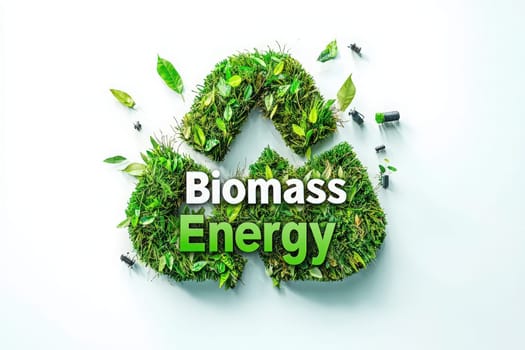 Green grass and leaves form a recycling symbol representing biomass energy. This design emphasizes sustainability and renewable energy solutions for a healthier planet.