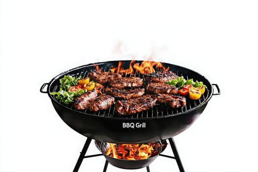 Juicy marinated steaks and colorful vegetables cook over an open flame on a barbecue grill, creating a delicious aroma. Fresh greens and peppers add vibrant color to the feast, enticing all.