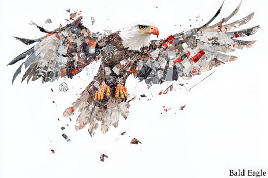 A stunning representation of a bald eagle formed from a collage of diverse images. The eagle appears as if in flight, symbolizing strength and freedom, showcasing intricate details and colors.