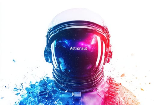 An astronaut with a vibrant helmet stands against a cosmic backdrop filled with swirling colors. Bright elements surround the figure, creating a sense of motion and energy.