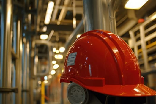 A bright red safety helmet rests on a metallic support beam inside a factory. The background features various pipes and industrial lighting, highlighting the sites operational environment.