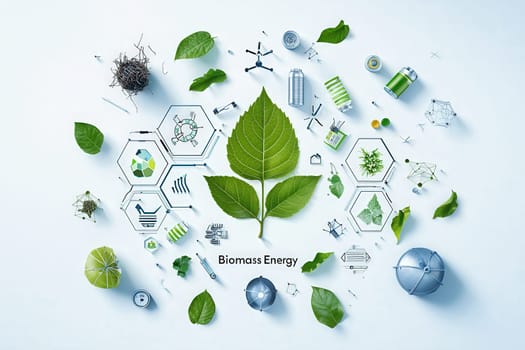An arrangement of leaves, molecular structures, and green elements highlights the concept of biomass energy. It combines nature and science to represent sustainability and renewable resources.