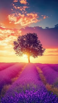 Lavender fields bloom vibrantly under a sunset sky filled with hues of orange, purple, and blue. A solitary tree stands gracefully in the midst, framed by the colorful horizon.