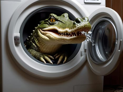 Funny crocodile in the washing machine
