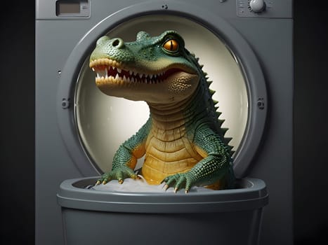 Funny crocodile in the washing machine
