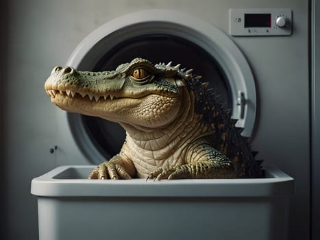 Funny crocodile in the washing machine