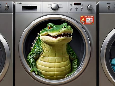 Funny crocodile in the washing machine