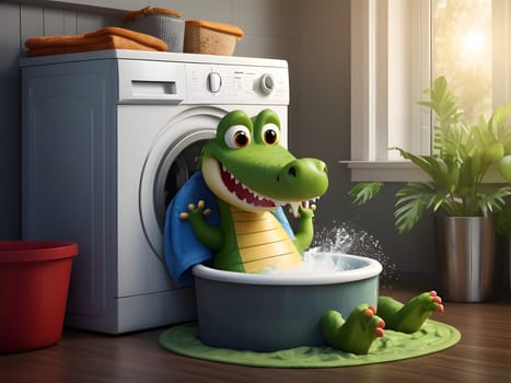 Funny crocodile in the washing machine